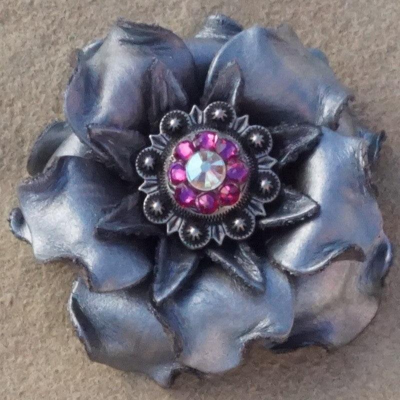 Silver Gardenia Flower With Antique Silver Fuchsia and AB 1" Concho