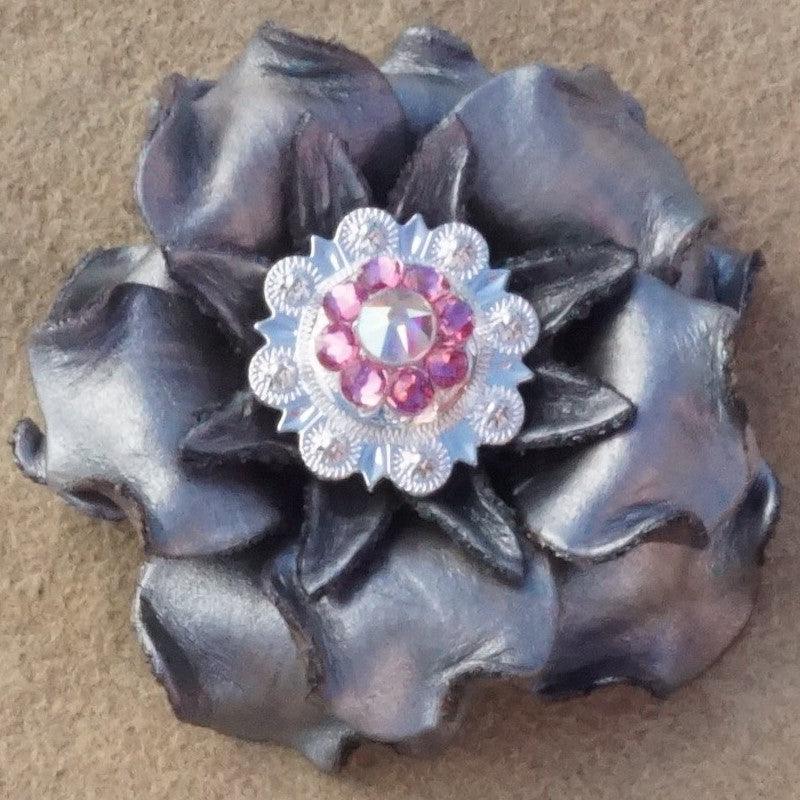 Silver Gardenia Flower With Bright Silver Pink and AB 1" Concho