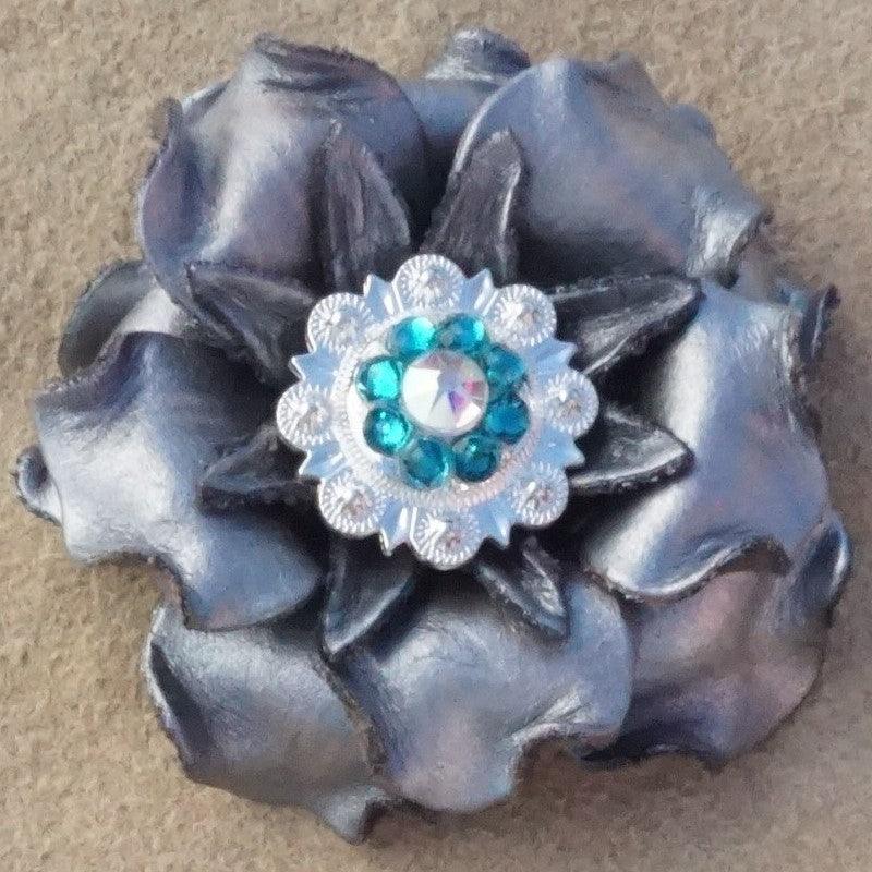 Silver Gardenia Flower With Bright Silver Teal and AB 1" Concho