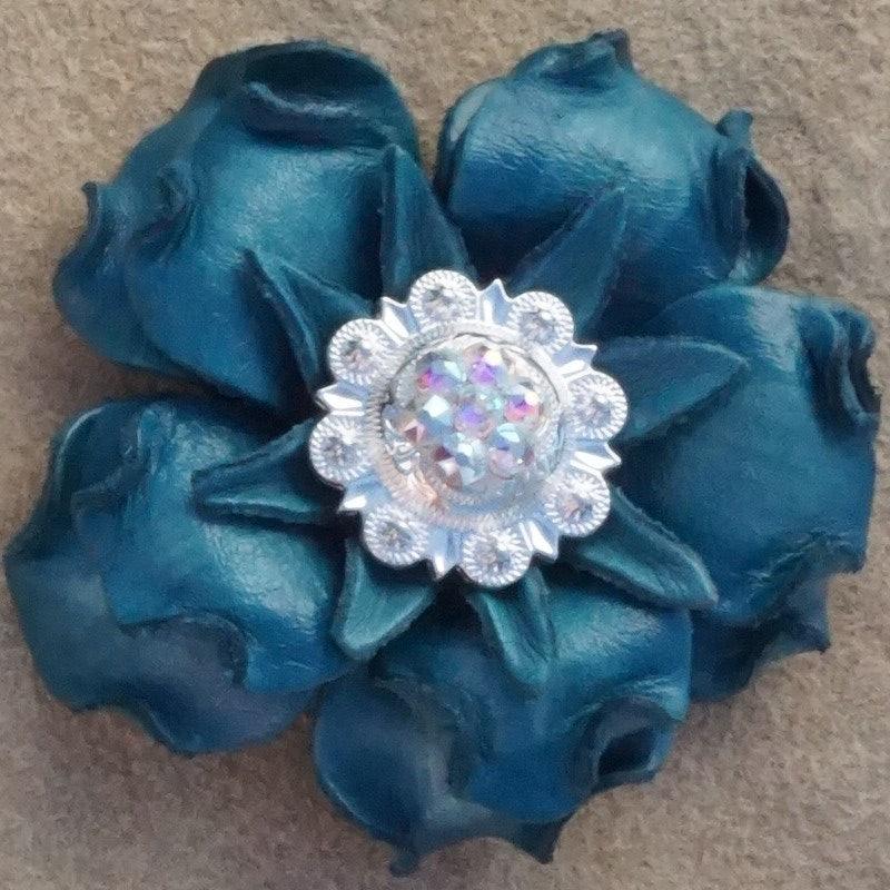 Turquoise Gardenia Flower With Bright Silver AB 1" Concho