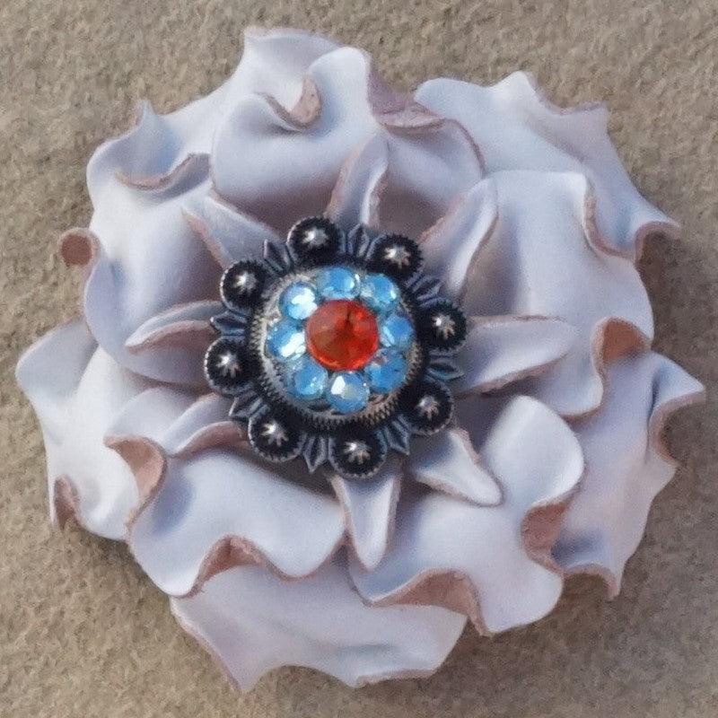 White Gardenia Flower With Antique Silver Fire Opal and Aqua 1" Concho