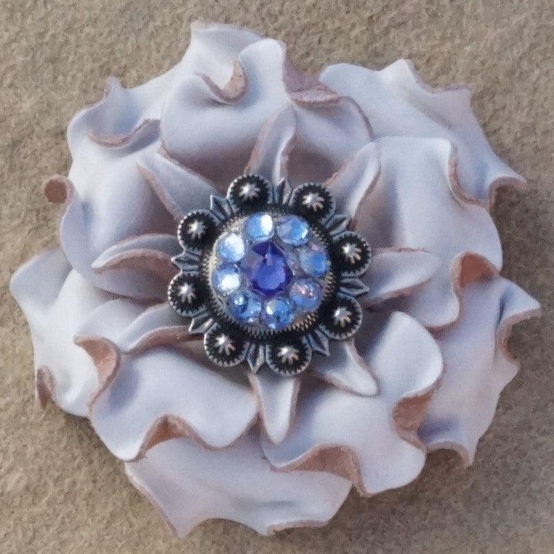 White Gardenia Flower With Antique Silver Lilac and Light Sapphire 1" Concho