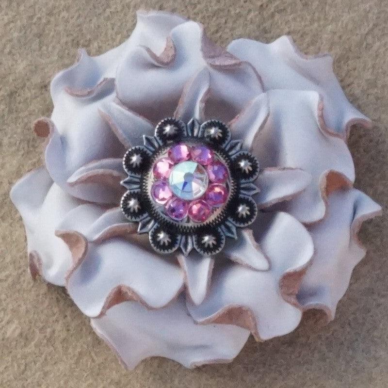 White Gardenia Flower With Antique Silver Pink and AB 1" Concho