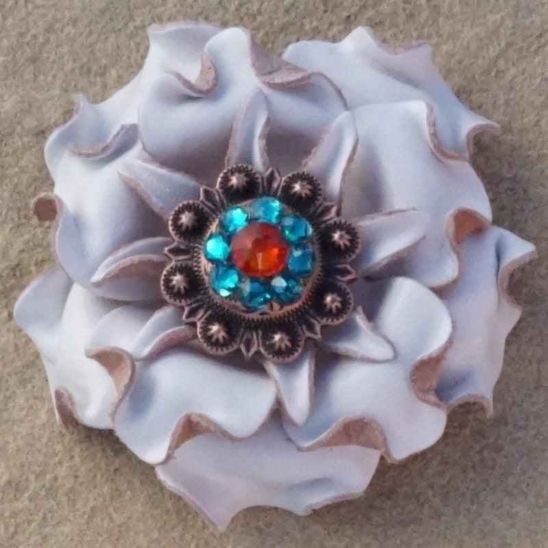 White Gardenia Flower With Copper Fire Opal and Teal  1" Concho