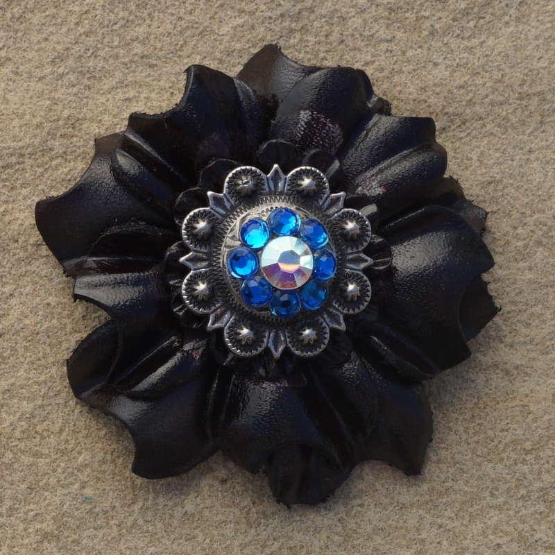 Black Carnation Flower With Antique Silver Capri and AB 1" Concho