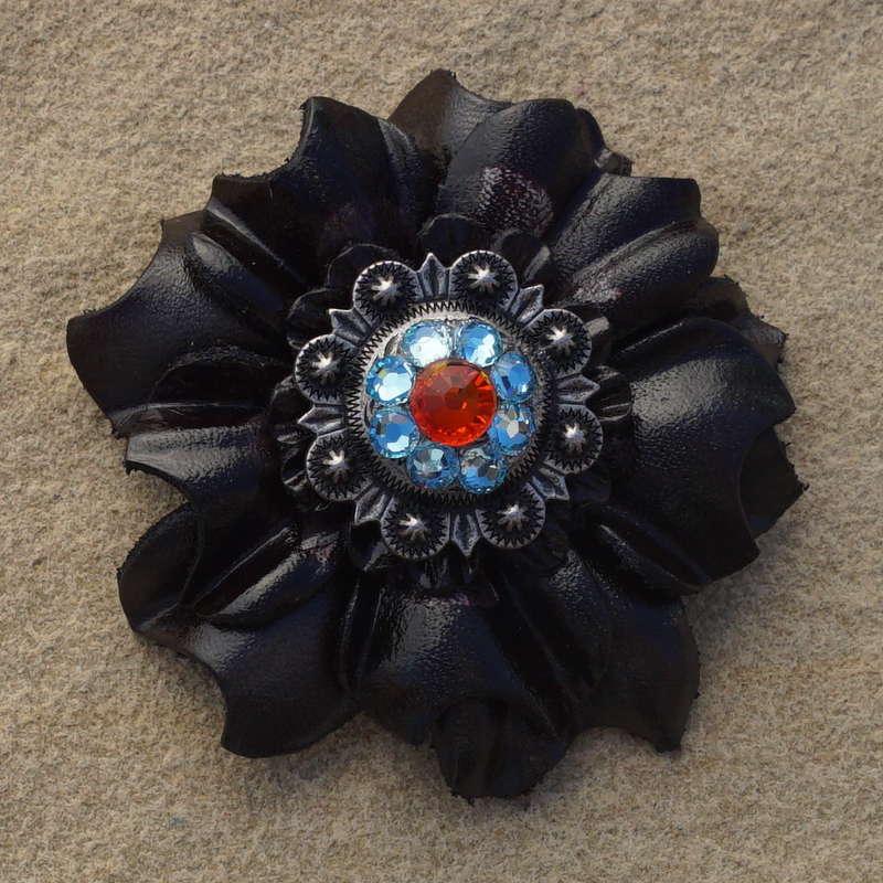 Black Carnation Flower With Antique Silver Fire Opal and Aqua 1" Concho