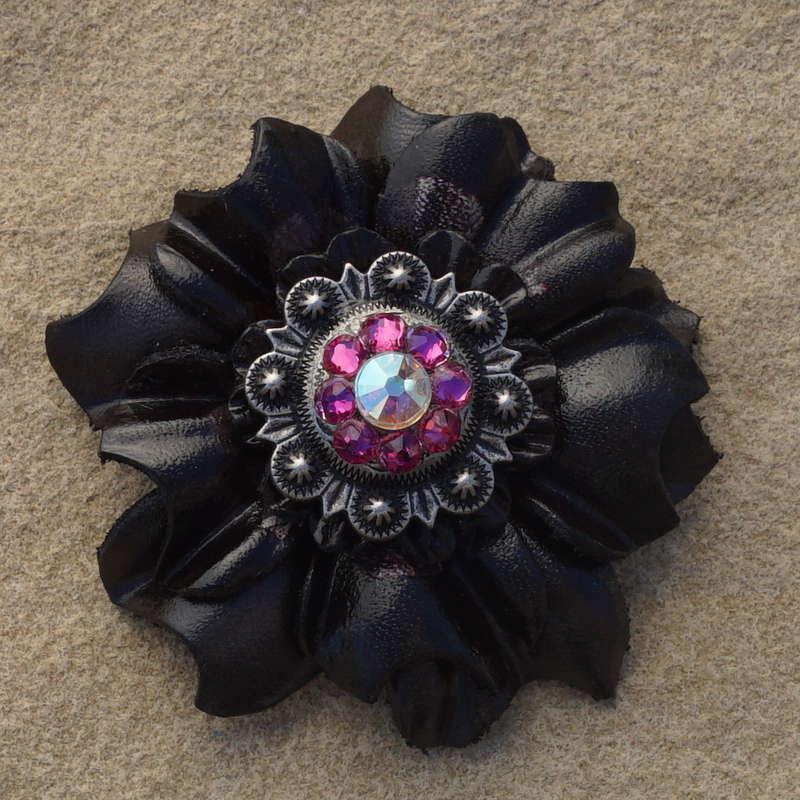 Black Carnation Flower With Antique Silver Fuchsia and AB 1" Concho