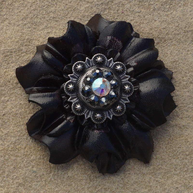 Black Carnation Flower With Antique Silver Jet and AB 1" Concho