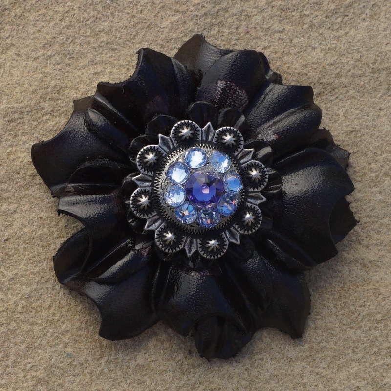 Black Carnation Flower With Antique Silver Lilac and Light Sapphire 1" Concho