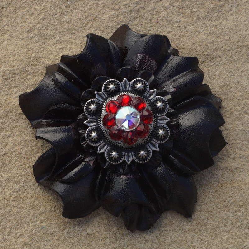 Black Carnation Flower With Antique Silver Ruby and AB 1" Concho