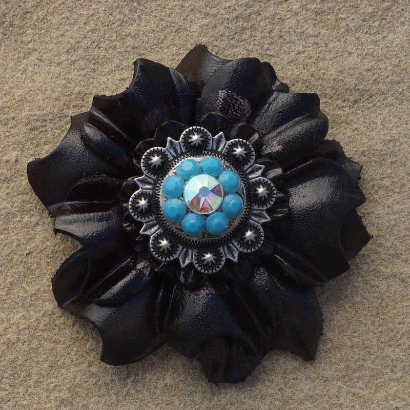 Black Carnation Flower With Antique Silver Turquoise and AB 1" Concho