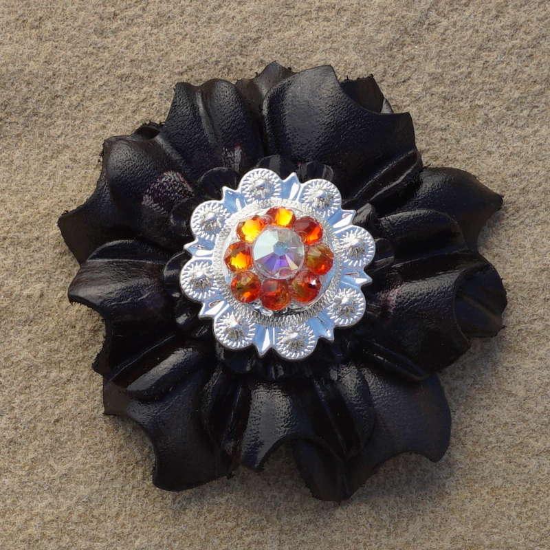 Black Carnation Flower With Bright Silver Fire Opal and AB 1" Concho