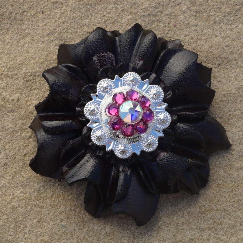 Black Carnation Flower With Bright Silver Fuchsia and AB 1" Concho