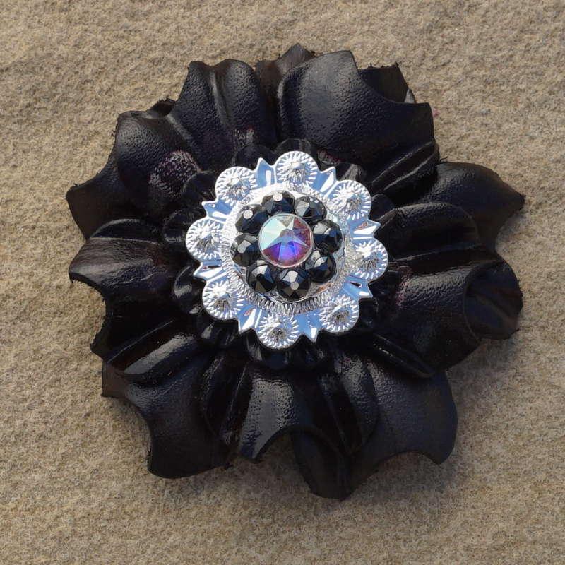 Black Carnation Flower With Bright Silver Jet and AB 1" Concho