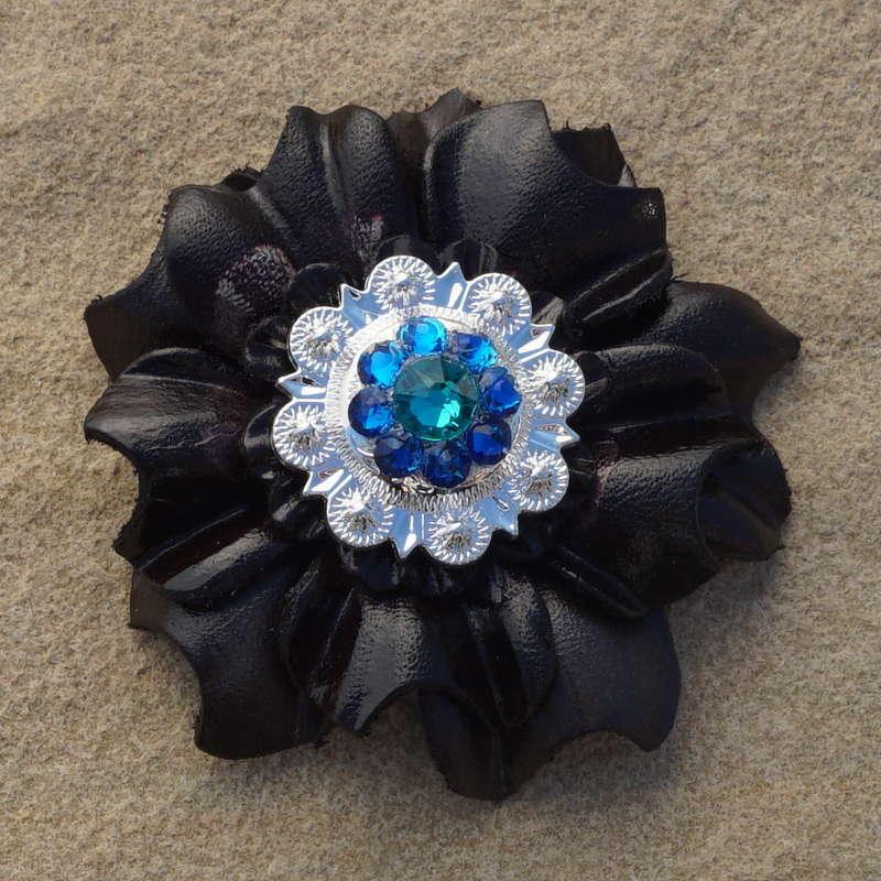 Black Carnation Flower With Bright Silver Teal and Capri 1" Concho