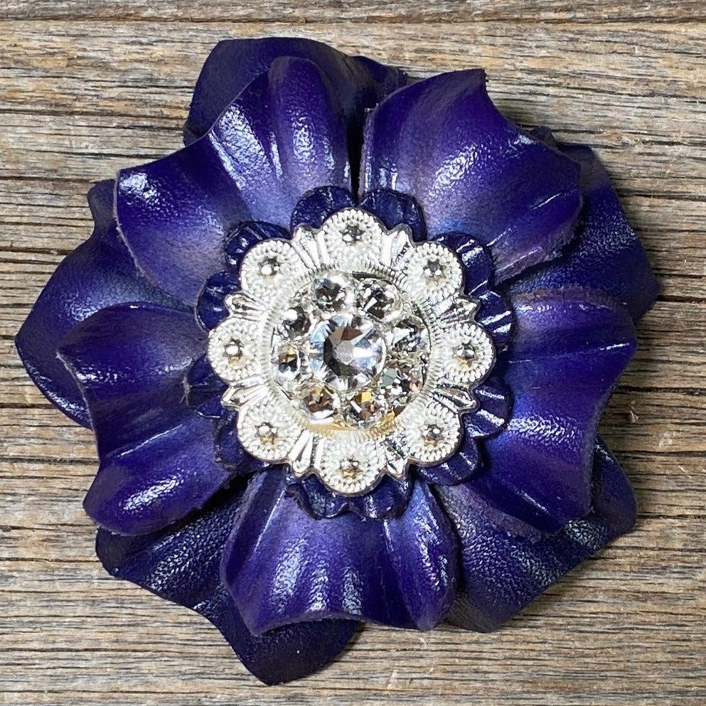 Blue Carnations Leather Flowers - 1" Crystal Conchos - Options