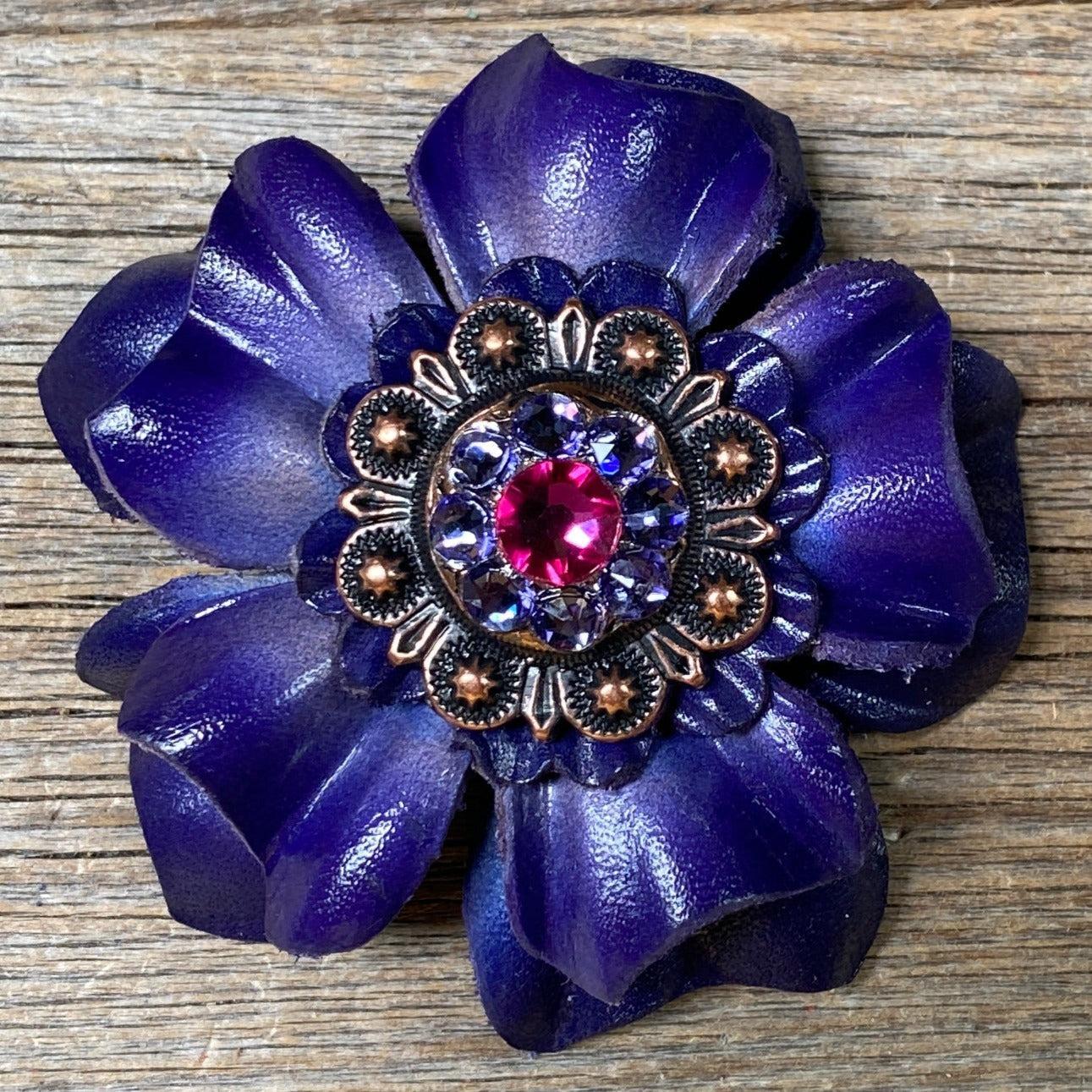Blue Carnations Leather Flowers - 1" Crystal Conchos - Options