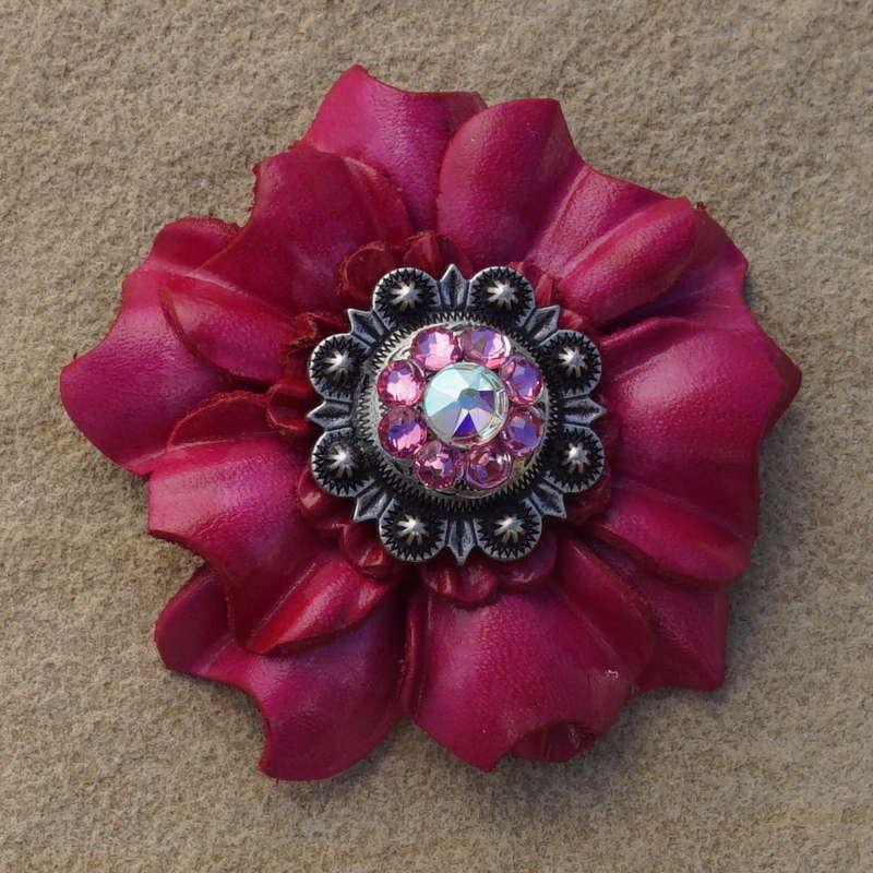 Hot Pink Carnation Flower With Antique Silver Pink and AB 1" Concho
