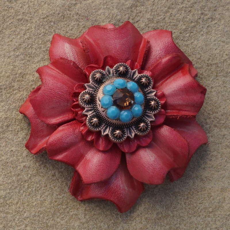 Pink Carnation Flower With Copper Topaz and Turquoise 1" Concho