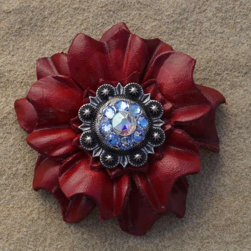 Red Carnation Flower With Antique Silver Light Sapphire and AB 1" Concho