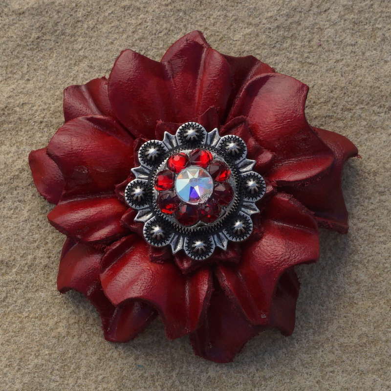Red Carnations Leather Flowers - 1" Crystal Conchos - Options