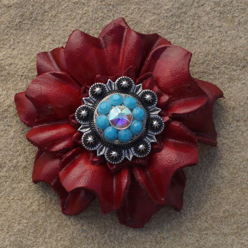 Red Carnations Leather Flowers - 1" Crystal Conchos - Options