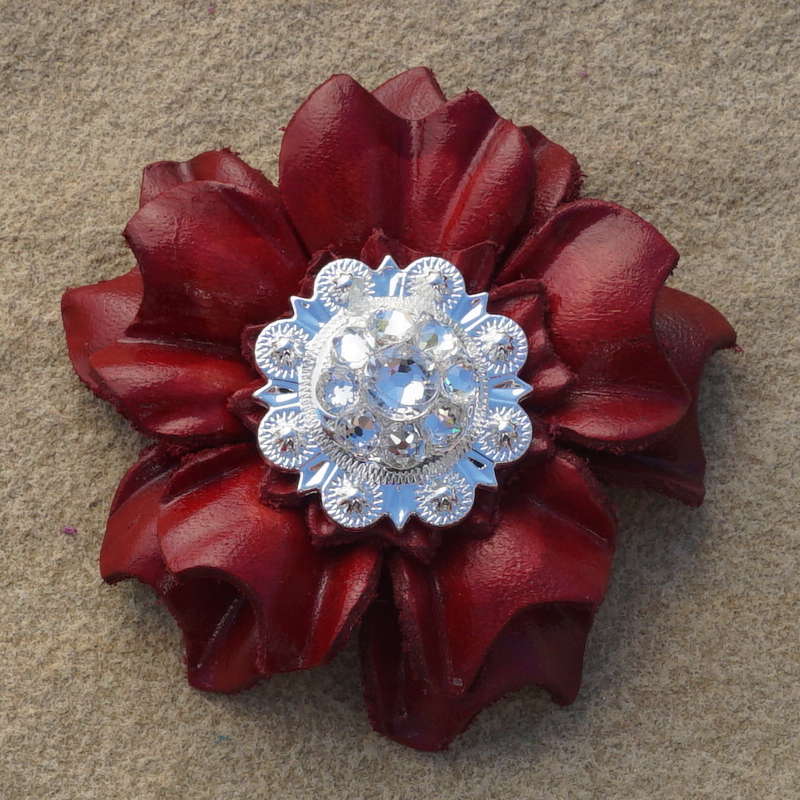 Red Carnations Leather Flowers - 1" Crystal Conchos - Options