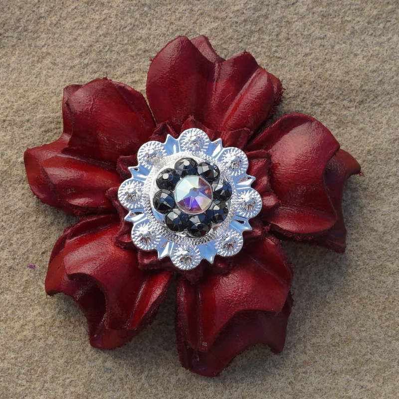 Red Carnations Leather Flowers - 1" Crystal Conchos - Options