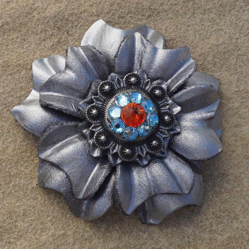 Silver Carnation Flower With Antique Silver Fire Opal and Aqua 1" Concho