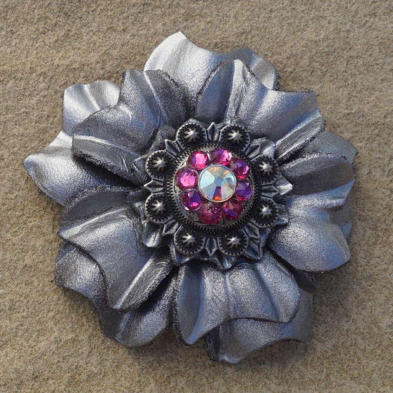 Silver Carnation Flower With Antique Silver Fuchsia and AB 1" Concho