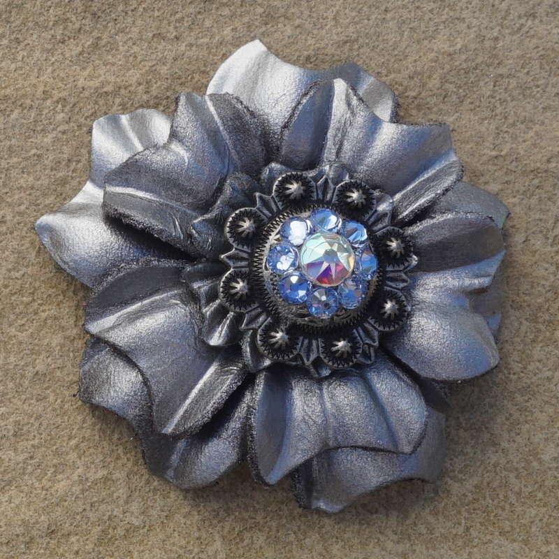 Silver Carnation Flower With Antique Silver Light Sapphire and AB 1" Concho