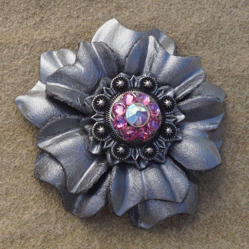 Silver Carnation Flower With Antique Silver Pink &amp; AB 1" Concho