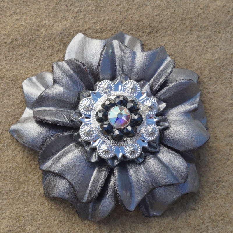 Silver Carnation Flower With Bright Silver Jet and AB 1" Concho
