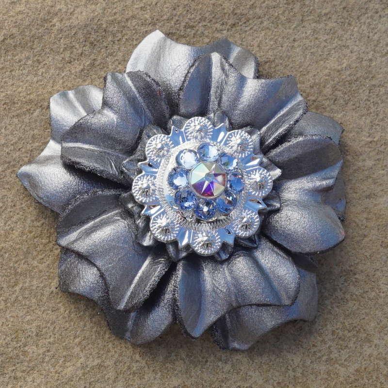 Silver Carnation Flower With Bright Silver Light Sapphire and AB 1" Concho
