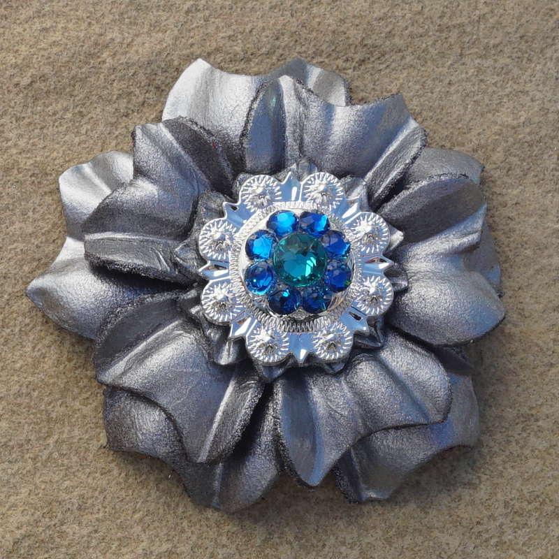 Silver Carnation Flower With Bright Silver Teal and Capri 1" Concho
