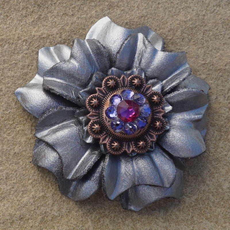 Silver Carnation Flower With Copper Fuchsia and Lilac 1" Concho