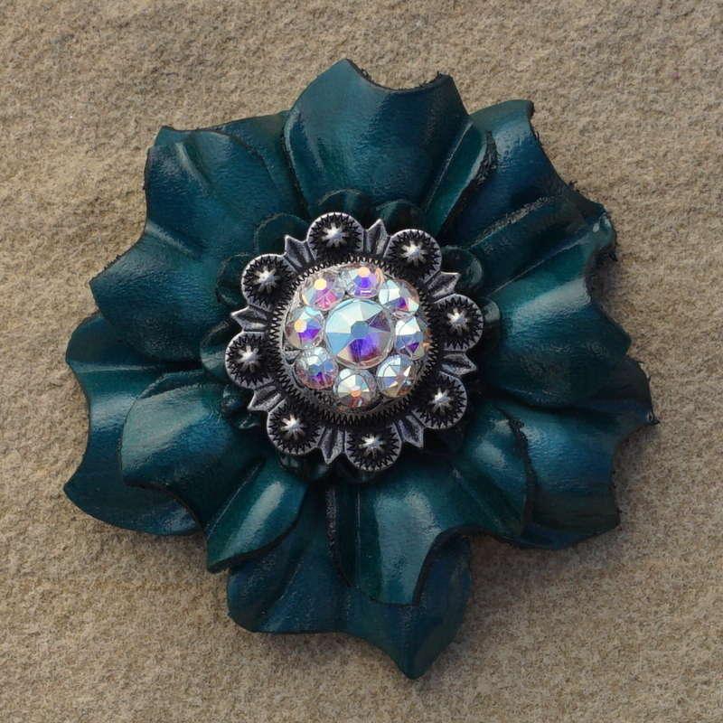 Teal Carnation Flower With Antique Silver AB 1" Concho