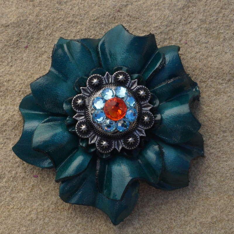 Teal Carnation Flower With Antique Silver Fire Opal and Aqua 1" Concho