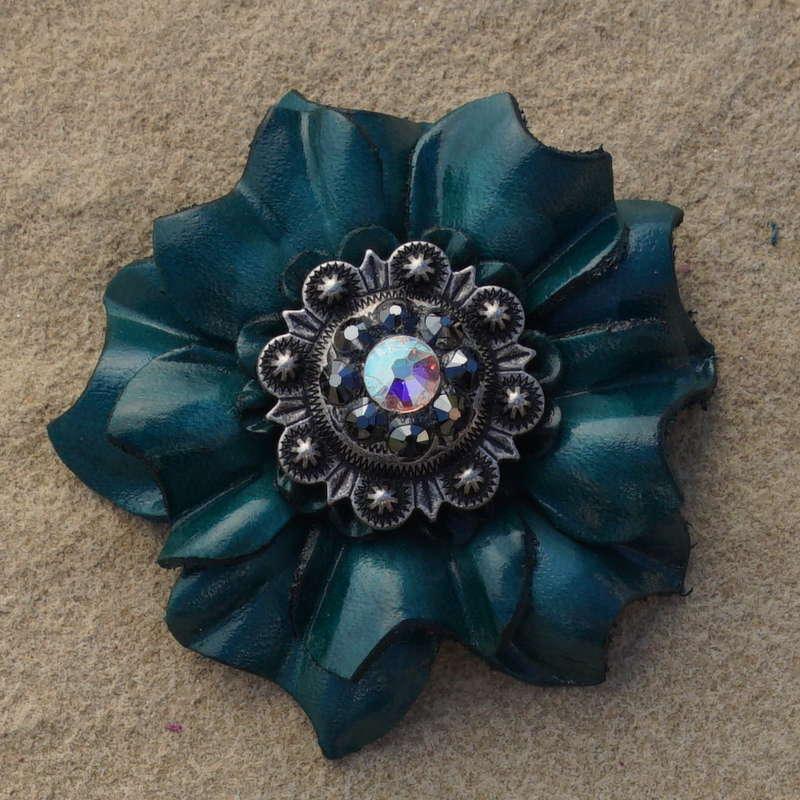 Teal Carnation Flower With Antique Silver Jet and AB 1" Concho