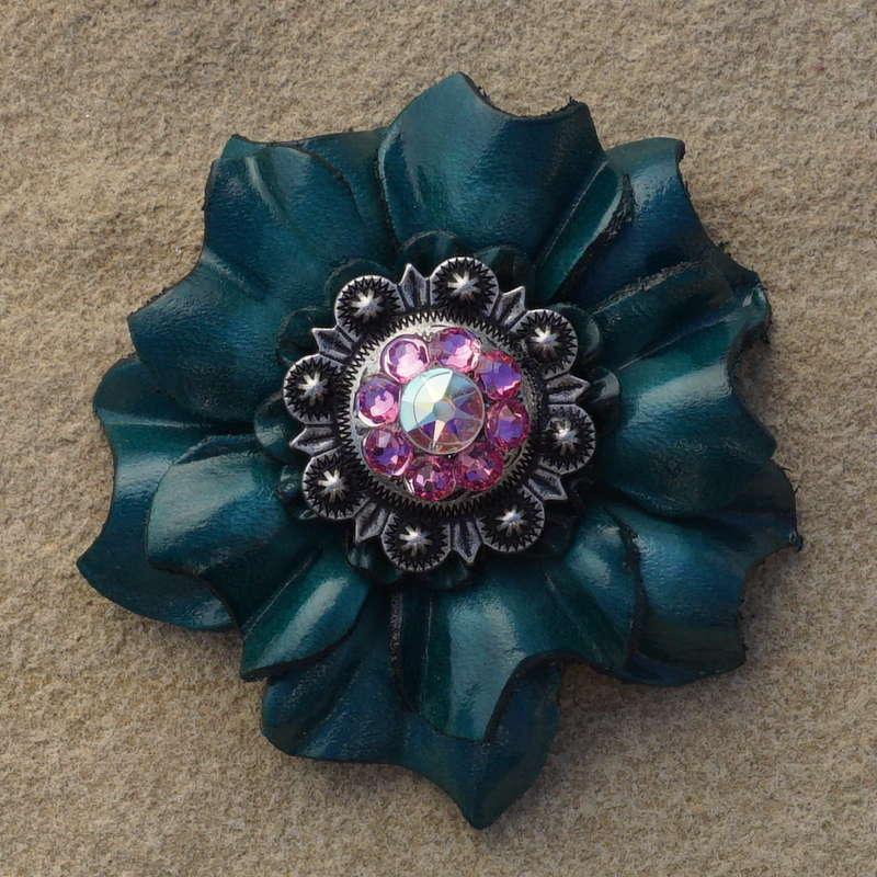 Teal Carnation Flower With Antique Silver Pink and AB 1" Concho