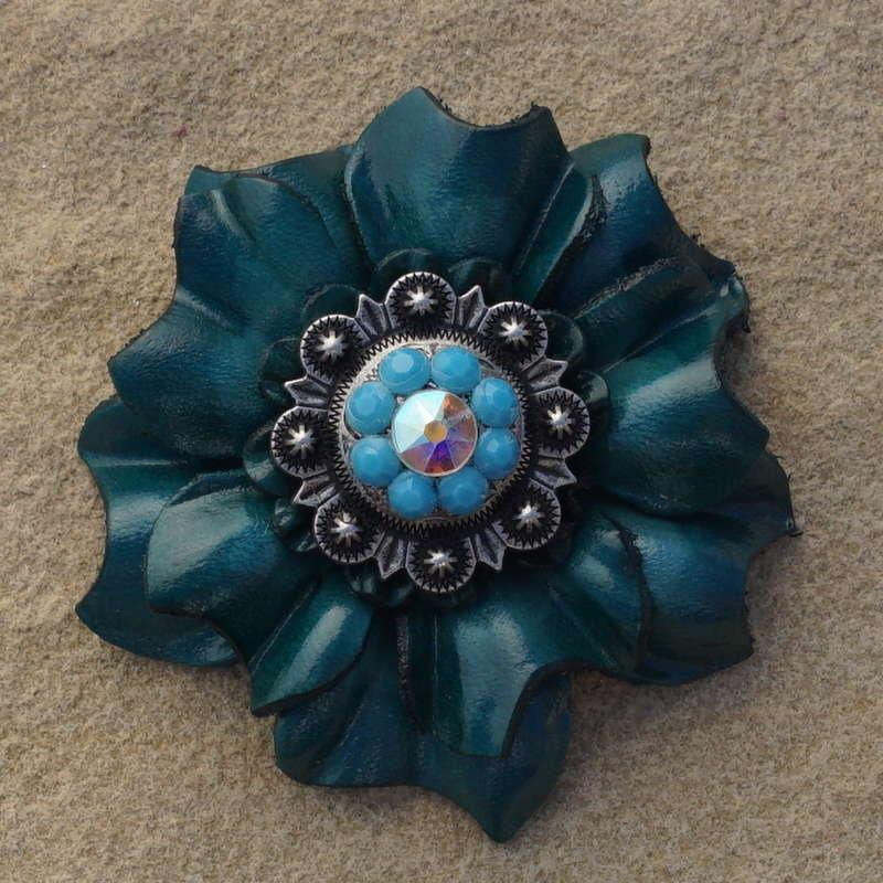Teal Carnation Flower With Antique Silver Turquoise and AB 1" Concho