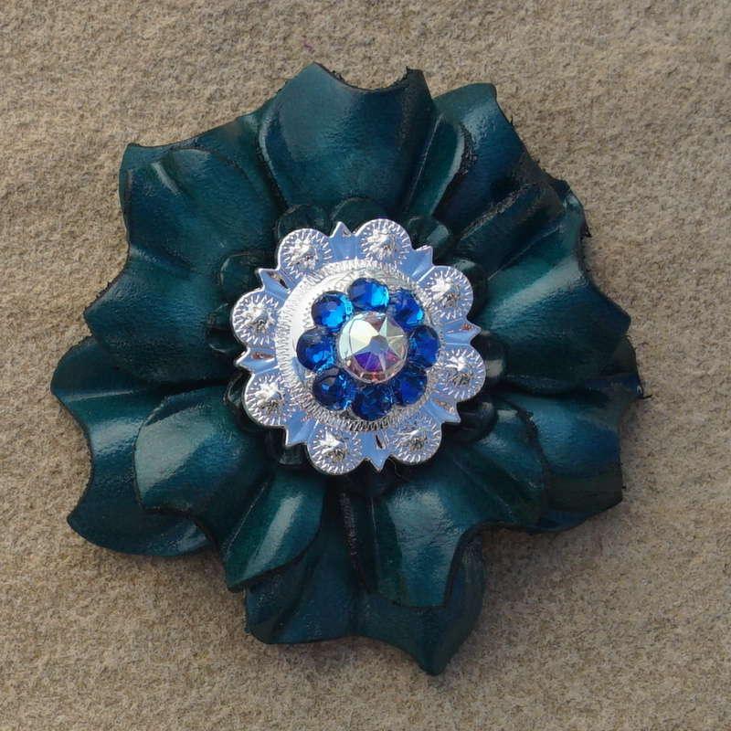 Teal Carnation Flower With Bright Silver Capri and AB 1" Concho