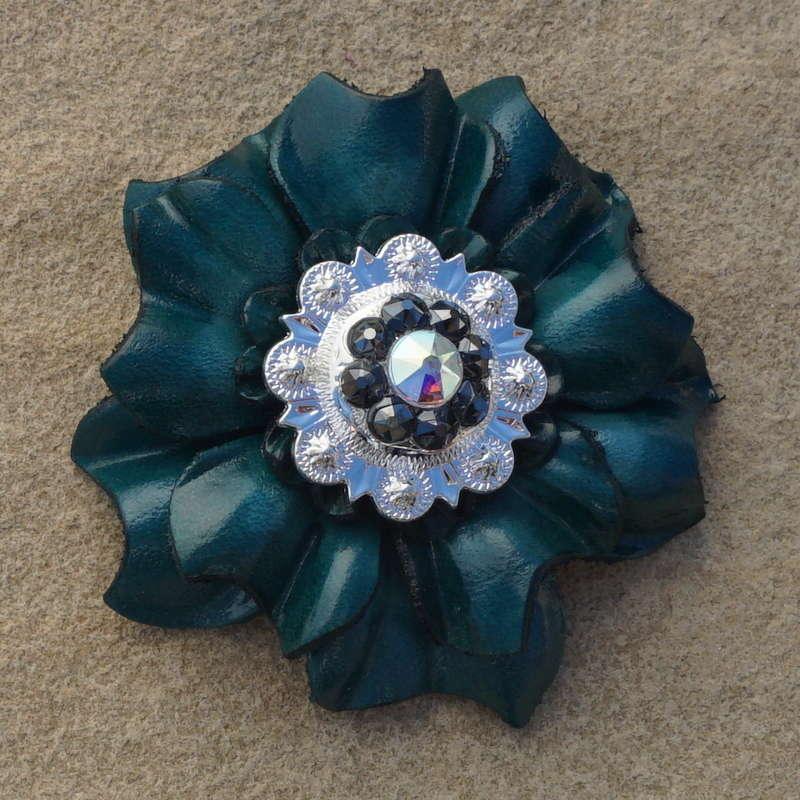 Teal Carnation Flower With Bright Silver Jet and AB 1" Concho
