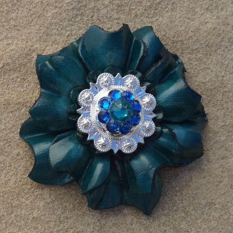 Teal Carnation Flower With Bright Silver Teal and Capri 1" Concho