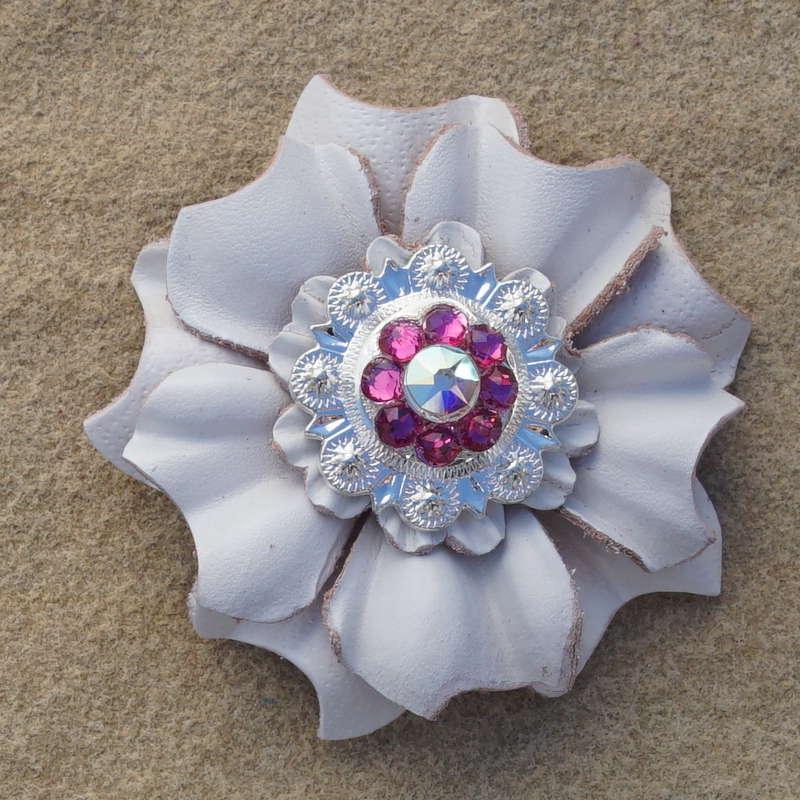 White Carnation Flower With Bright Silver Fuchsia and AB 1" Concho