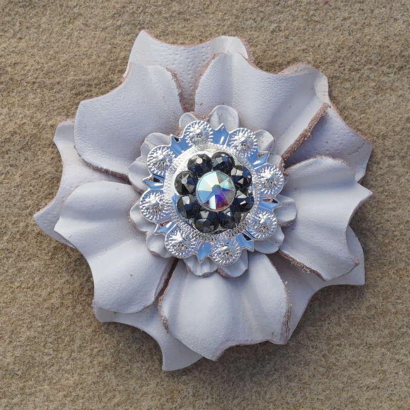 White Carnation Flower With Bright Silver Jet and AB 1" Concho