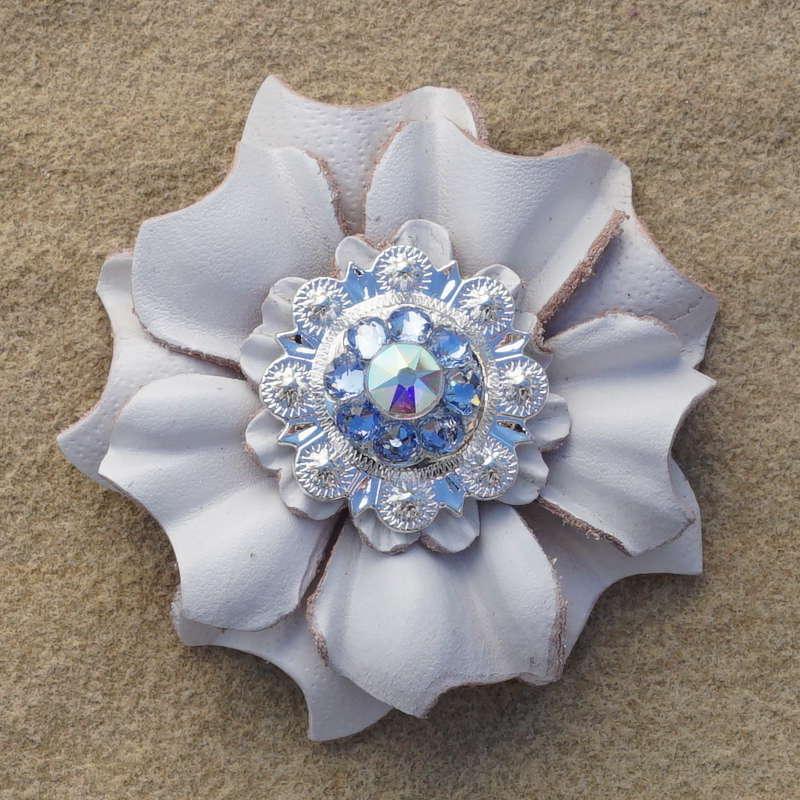 White Carnation Flower With Bright Silver Light Sapphire and AB 1" Concho
