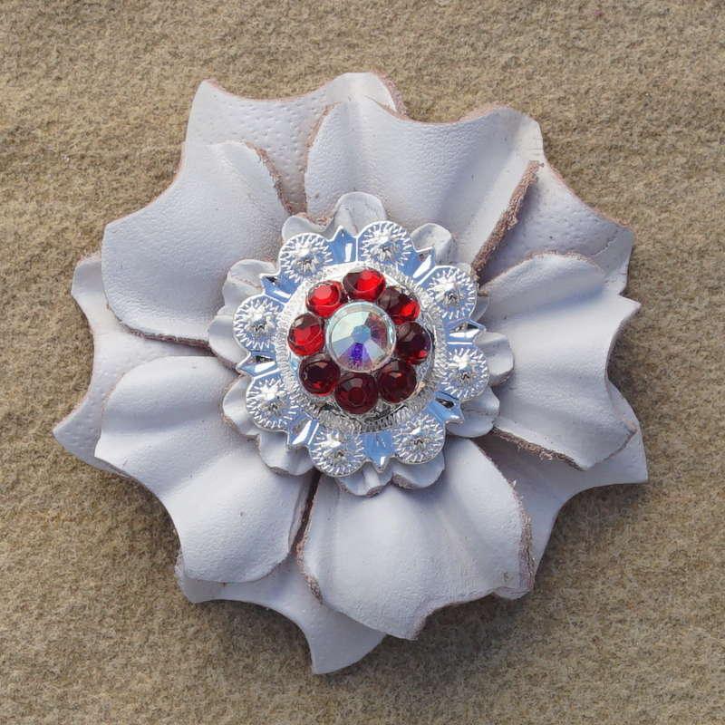 White Carnation Flower With Bright Silver Ruby and AB 1" Concho