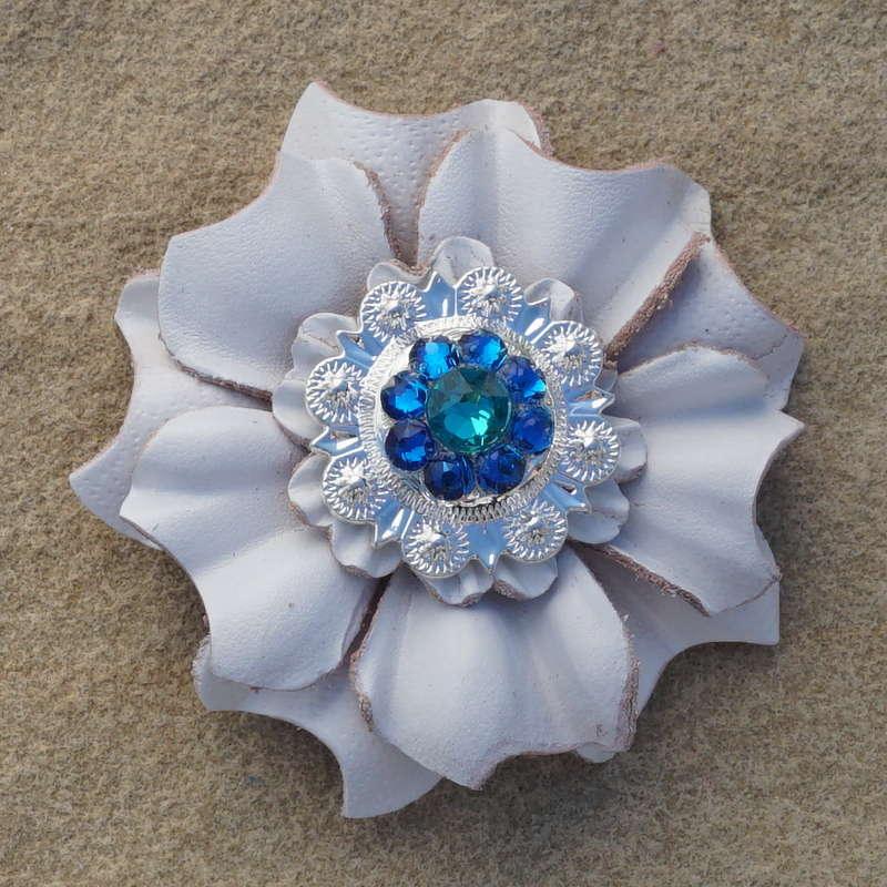 White Carnation Flower With Bright Silver Teal and Capri 1" Concho