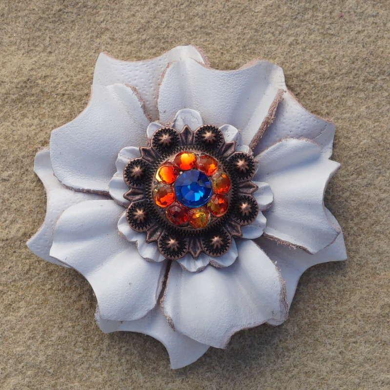 White Carnation Flower With Copper Capri and Fire Opal 1" Concho